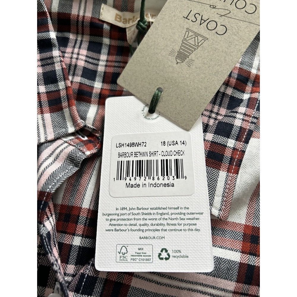 BARBOUR Bethwin Long Sleeve Button Up Shirt White Cloud Check Plaid Women Sz 14 - Picture 7 of 14